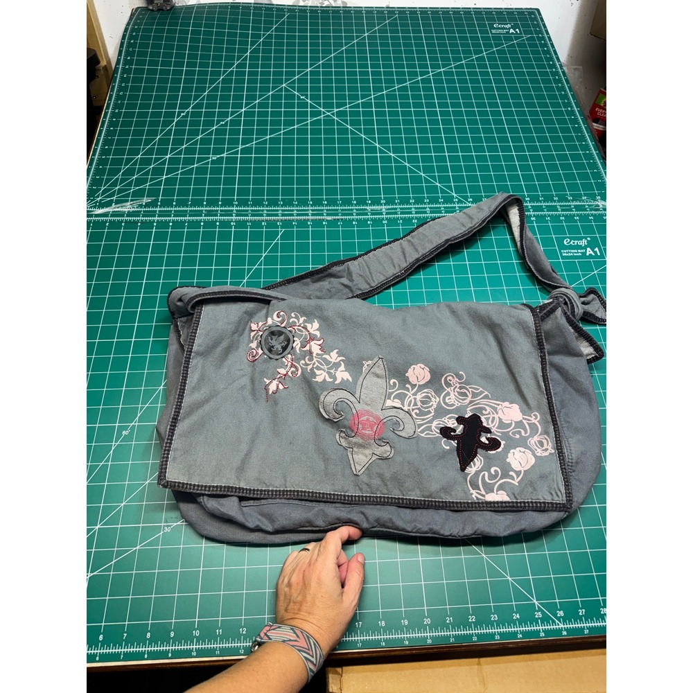Y2K Gray Canvas Messenger Bag Fleur De Lis Floral Embroidery Crossbody Satchel